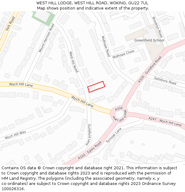 WEST HILL LODGE, WEST HILL ROAD, WOKING, GU22 7UL: Location map and indicative extent of plot