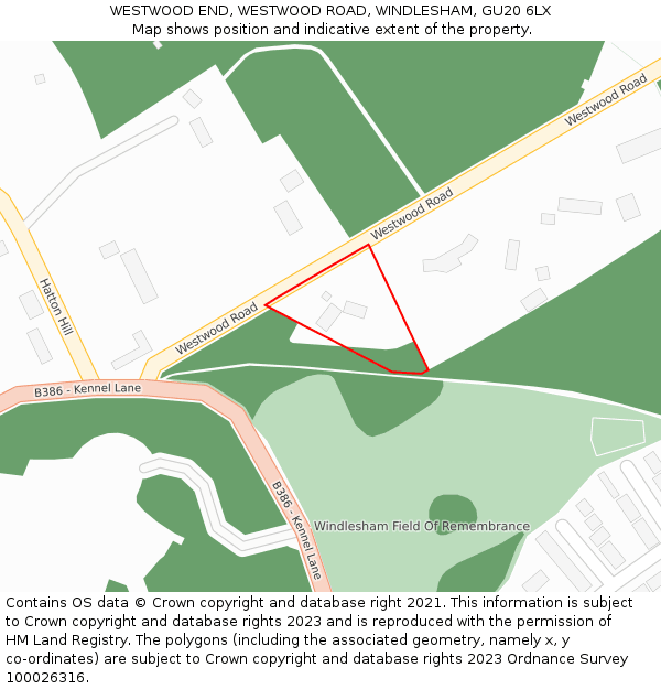 WESTWOOD END, WESTWOOD ROAD, WINDLESHAM, GU20 6LX: Location map and indicative extent of plot