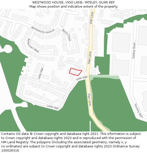 WESTWOOD HOUSE, VIGO LANE, YATELEY, GU46 6EP: Location map and indicative extent of plot