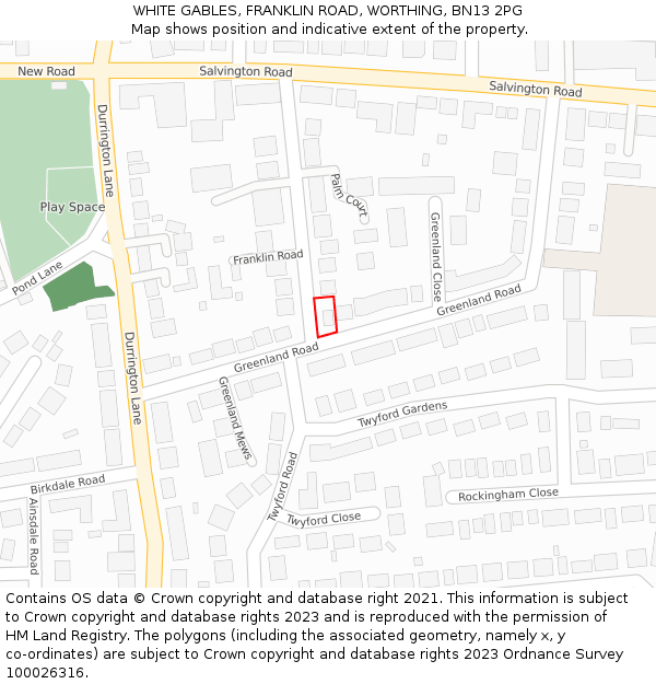 WHITE GABLES, FRANKLIN ROAD, WORTHING, BN13 2PG: Location map and indicative extent of plot