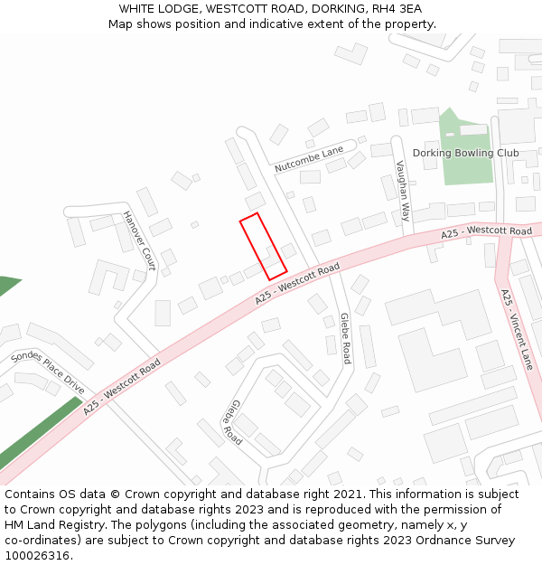 WHITE LODGE, WESTCOTT ROAD, DORKING, RH4 3EA: Location map and indicative extent of plot