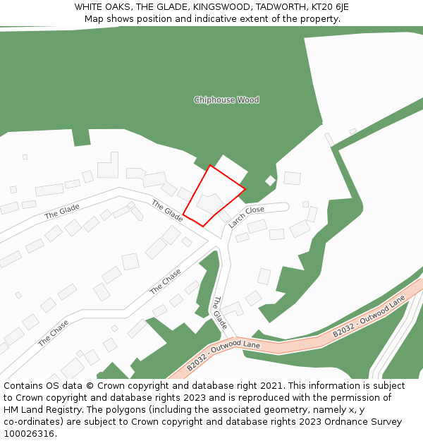 WHITE OAKS, THE GLADE, KINGSWOOD, TADWORTH, KT20 6JE: Location map and indicative extent of plot