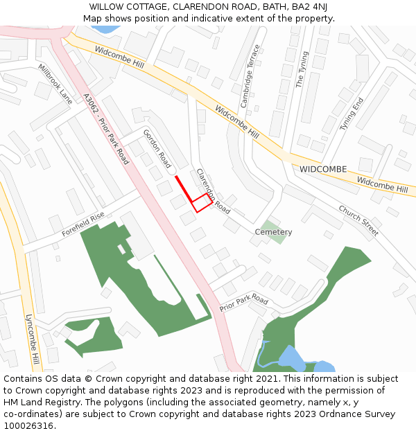 WILLOW COTTAGE, CLARENDON ROAD, BATH, BA2 4NJ: Location map and indicative extent of plot