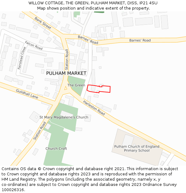 WILLOW COTTAGE, THE GREEN, PULHAM MARKET, DISS, IP21 4SU: Location map and indicative extent of plot