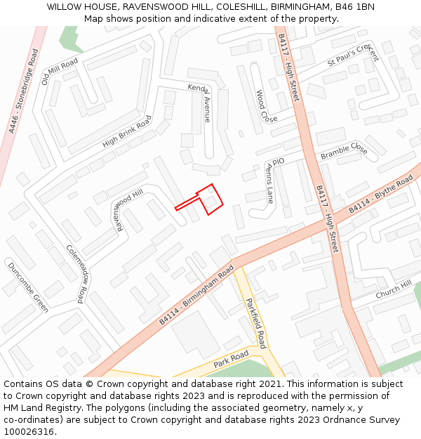 WILLOW HOUSE, RAVENSWOOD HILL, COLESHILL, BIRMINGHAM, B46 1BN: Location map and indicative extent of plot