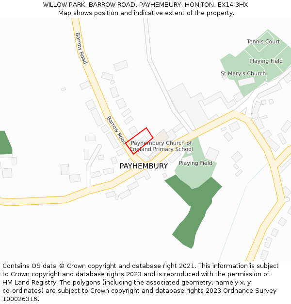 WILLOW PARK, BARROW ROAD, PAYHEMBURY, HONITON, EX14 3HX: Location map and indicative extent of plot