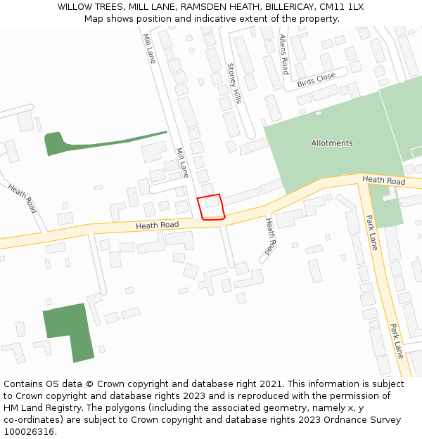 WILLOW TREES, MILL LANE, RAMSDEN HEATH, BILLERICAY, CM11 1LX: Location map and indicative extent of plot