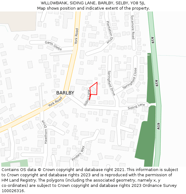WILLOWBANK, SIDING LANE, BARLBY, SELBY, YO8 5JL: Location map and indicative extent of plot