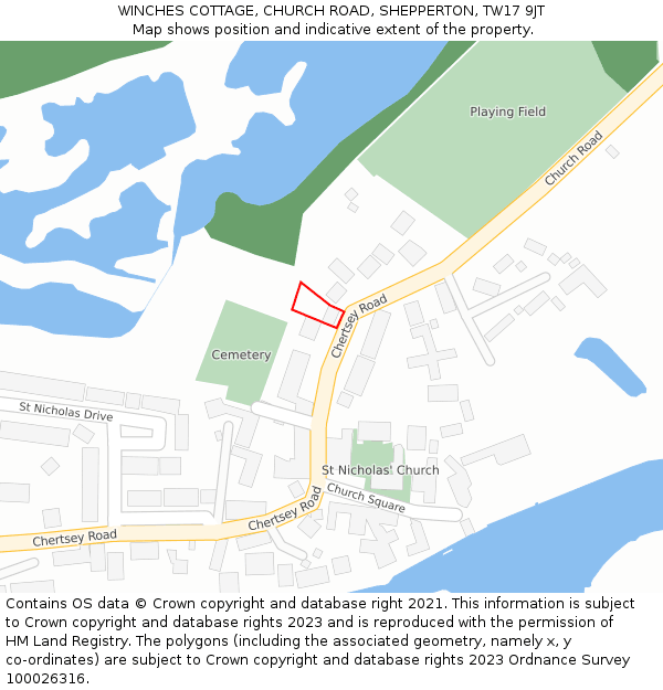 WINCHES COTTAGE, CHURCH ROAD, SHEPPERTON, TW17 9JT: Location map and indicative extent of plot