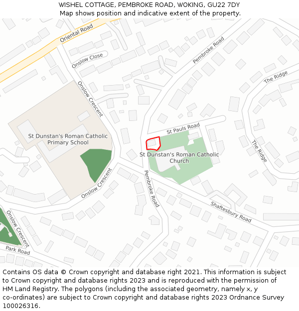 WISHEL COTTAGE, PEMBROKE ROAD, WOKING, GU22 7DY: Location map and indicative extent of plot