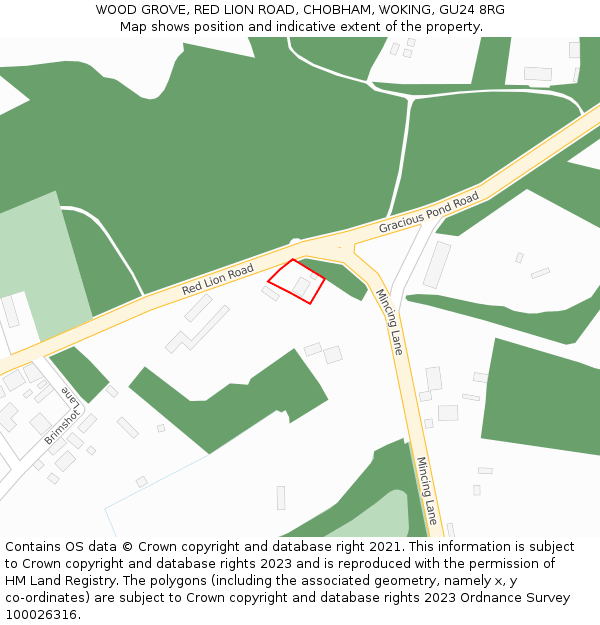 WOOD GROVE, RED LION ROAD, CHOBHAM, WOKING, GU24 8RG: Location map and indicative extent of plot