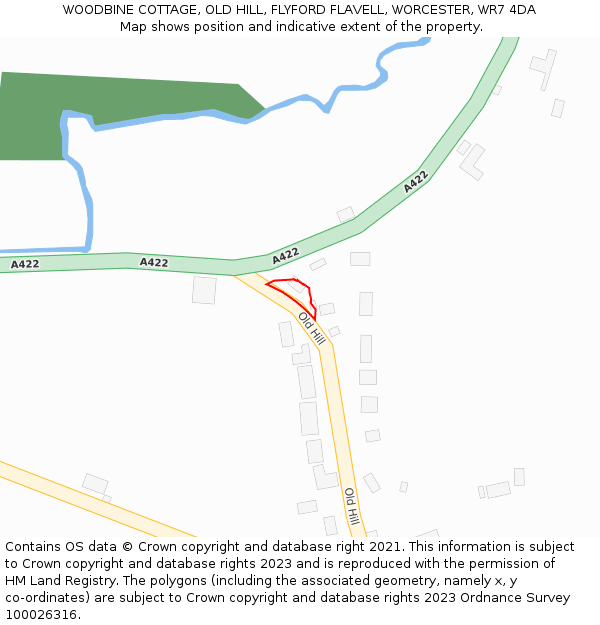 WOODBINE COTTAGE, OLD HILL, FLYFORD FLAVELL, WORCESTER, WR7 4DA: Location map and indicative extent of plot