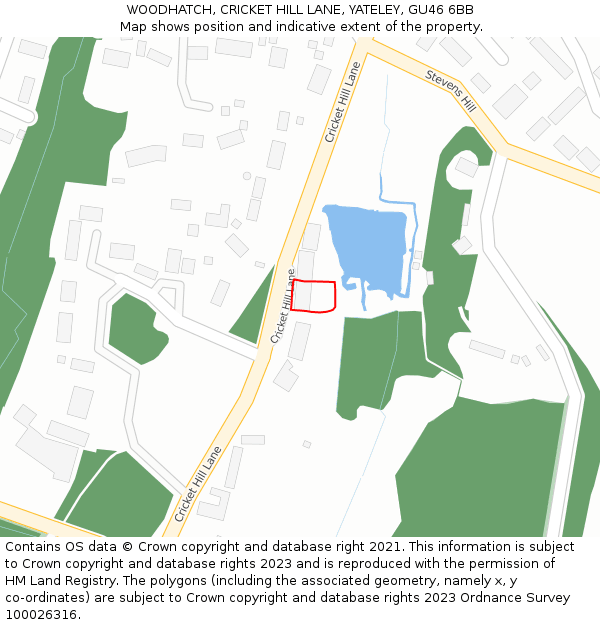 WOODHATCH, CRICKET HILL LANE, YATELEY, GU46 6BB: Location map and indicative extent of plot