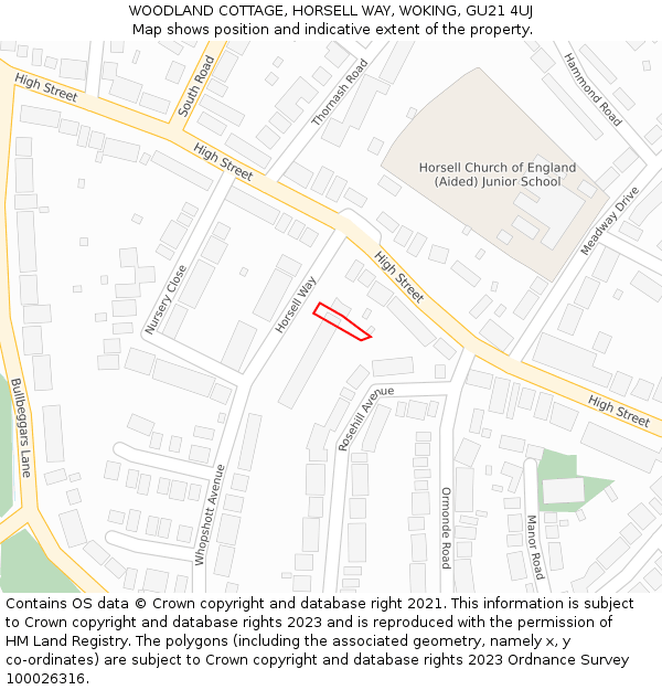 WOODLAND COTTAGE, HORSELL WAY, WOKING, GU21 4UJ: Location map and indicative extent of plot