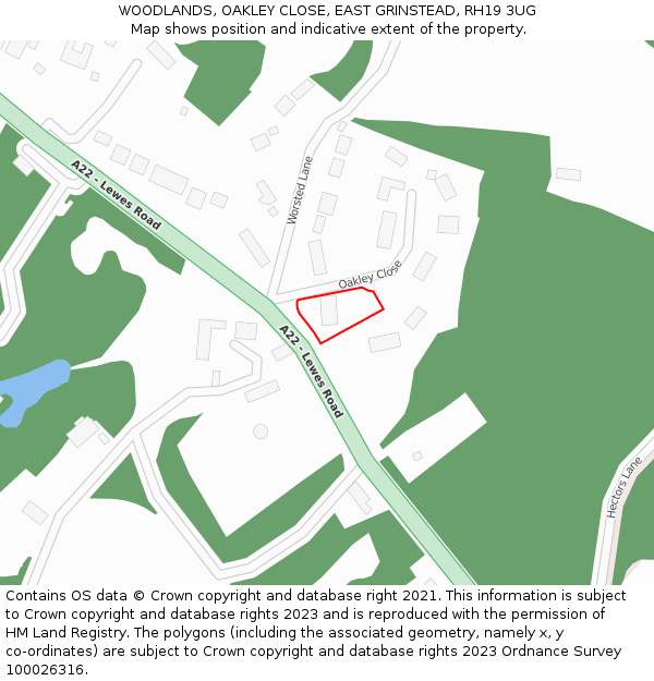 WOODLANDS, OAKLEY CLOSE, EAST GRINSTEAD, RH19 3UG: Location map and indicative extent of plot