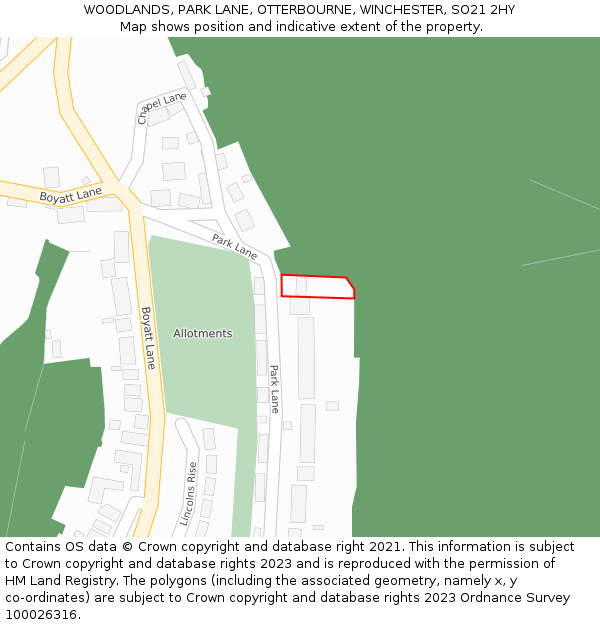 WOODLANDS, PARK LANE, OTTERBOURNE, WINCHESTER, SO21 2HY: Location map and indicative extent of plot