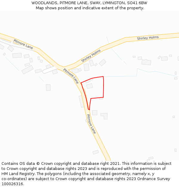 WOODLANDS, PITMORE LANE, SWAY, LYMINGTON, SO41 6BW: Location map and indicative extent of plot