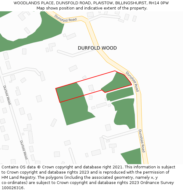 WOODLANDS PLACE, DUNSFOLD ROAD, PLAISTOW, BILLINGSHURST, RH14 0PW: Location map and indicative extent of plot