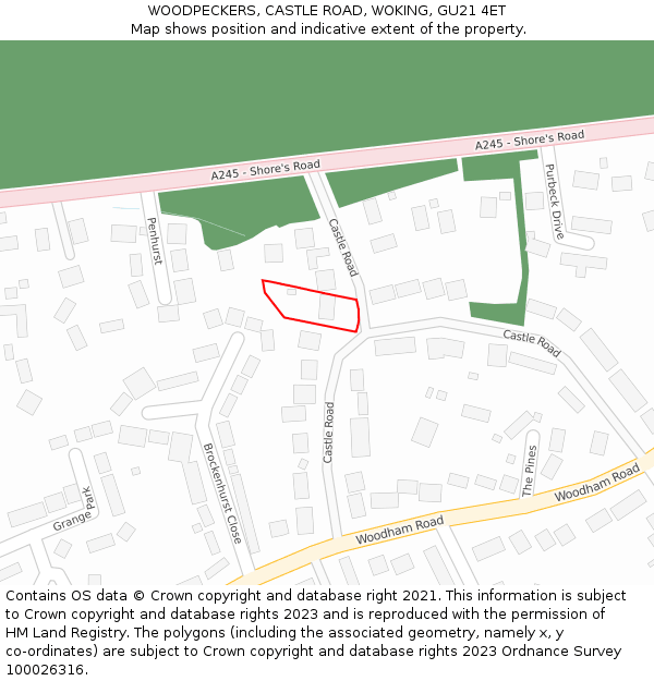 WOODPECKERS, CASTLE ROAD, WOKING, GU21 4ET: Location map and indicative extent of plot