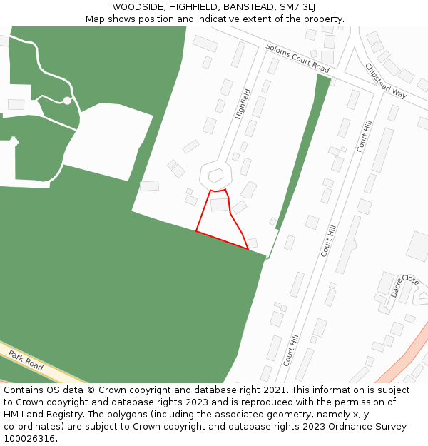 WOODSIDE, HIGHFIELD, BANSTEAD, SM7 3LJ: Location map and indicative extent of plot