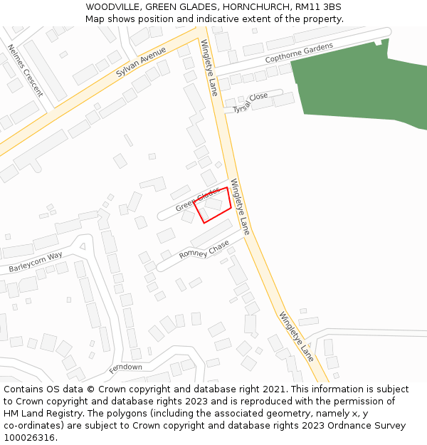 WOODVILLE, GREEN GLADES, HORNCHURCH, RM11 3BS: Location map and indicative extent of plot