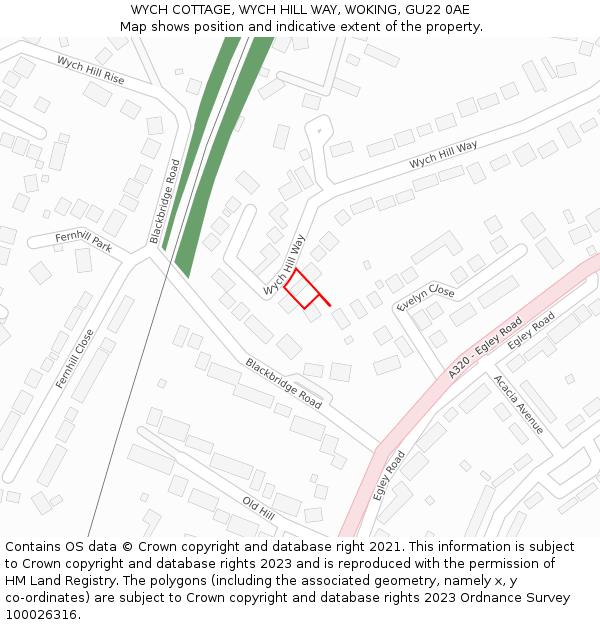 WYCH COTTAGE, WYCH HILL WAY, WOKING, GU22 0AE: Location map and indicative extent of plot