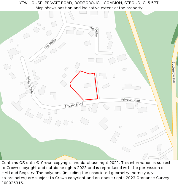 YEW HOUSE, PRIVATE ROAD, RODBOROUGH COMMON, STROUD, GL5 5BT: Location map and indicative extent of plot