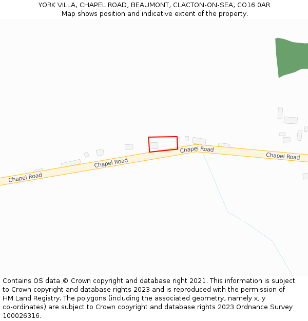 YORK VILLA, CHAPEL ROAD, BEAUMONT, CLACTON-ON-SEA, CO16 0AR: Location map and indicative extent of plot