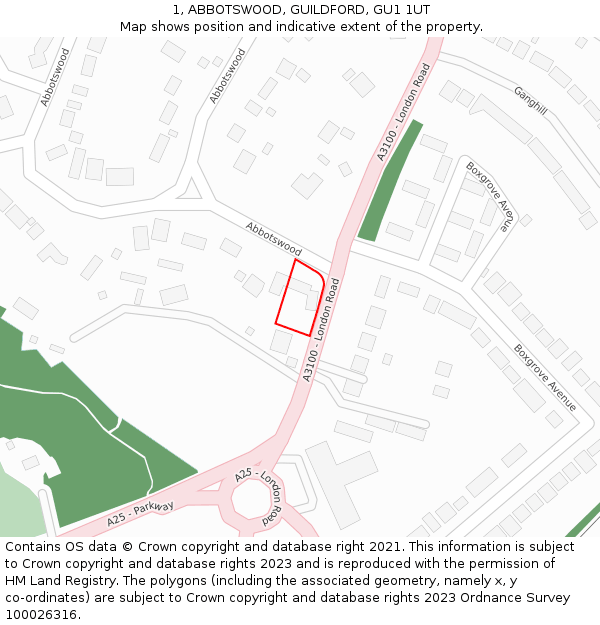 1, ABBOTSWOOD, GUILDFORD, GU1 1UT: Location map and indicative extent of plot