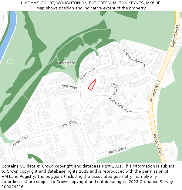 1, ADAMS COURT, WOUGHTON ON THE GREEN, MILTON KEYNES, MK6 3EL: Location map and indicative extent of plot