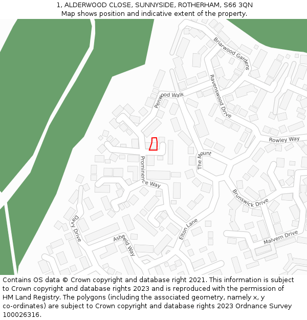 1, ALDERWOOD CLOSE, SUNNYSIDE, ROTHERHAM, S66 3QN: Location map and indicative extent of plot