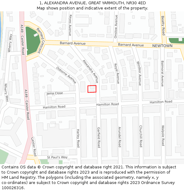 1, ALEXANDRA AVENUE, GREAT YARMOUTH, NR30 4ED: Location map and indicative extent of plot