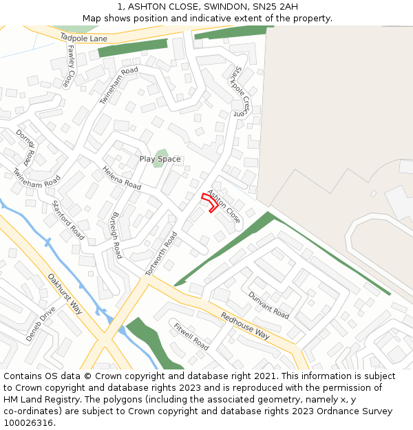 1, ASHTON CLOSE, SWINDON, SN25 2AH: Location map and indicative extent of plot