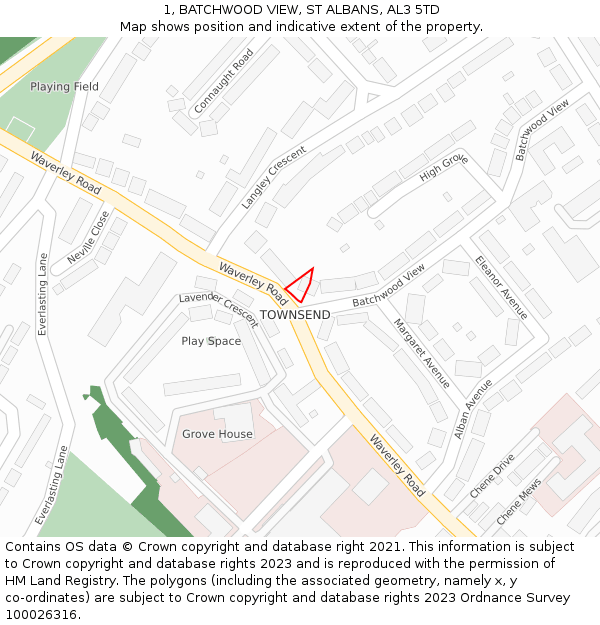 1, BATCHWOOD VIEW, ST ALBANS, AL3 5TD: Location map and indicative extent of plot