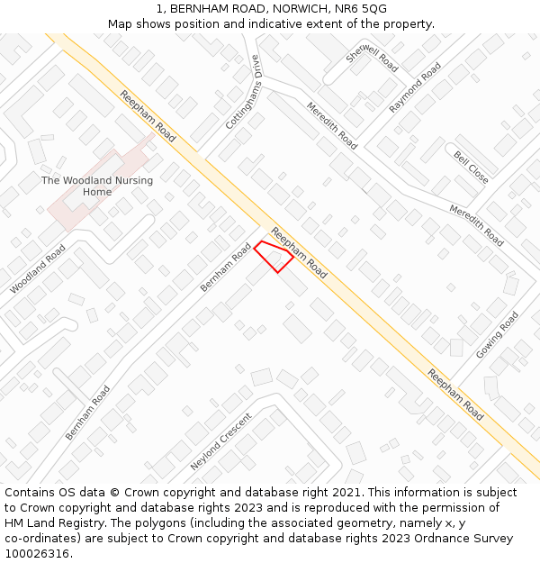 1, BERNHAM ROAD, NORWICH, NR6 5QG: Location map and indicative extent of plot