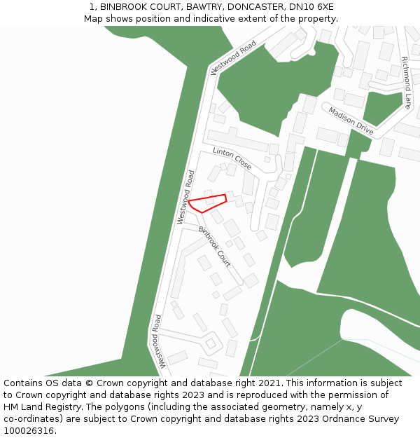 1, BINBROOK COURT, BAWTRY, DONCASTER, DN10 6XE: Location map and indicative extent of plot