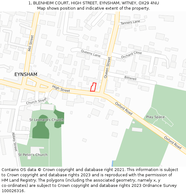 1, BLENHEIM COURT, HIGH STREET, EYNSHAM, WITNEY, OX29 4NU: Location map and indicative extent of plot