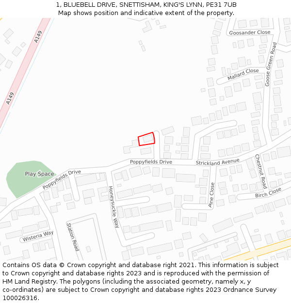 1, BLUEBELL DRIVE, SNETTISHAM, KING'S LYNN, PE31 7UB: Location map and indicative extent of plot