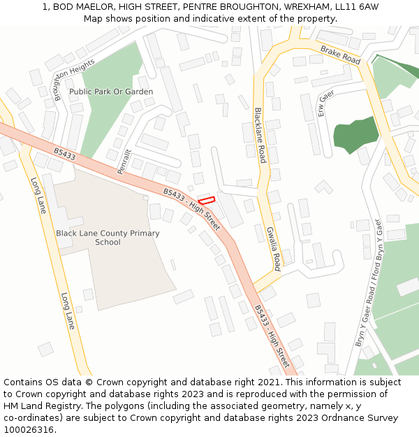 1, BOD MAELOR, HIGH STREET, PENTRE BROUGHTON, WREXHAM, LL11 6AW: Location map and indicative extent of plot