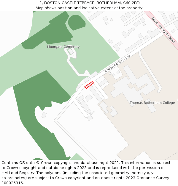 1, BOSTON CASTLE TERRACE, ROTHERHAM, S60 2BD: Location map and indicative extent of plot