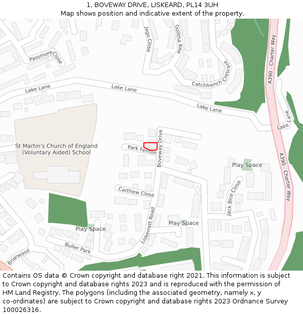 1, BOVEWAY DRIVE, LISKEARD, PL14 3UH: Location map and indicative extent of plot