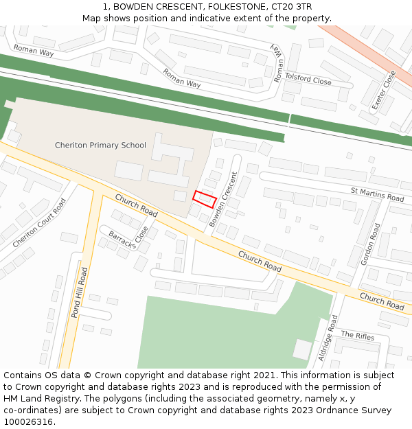 1, BOWDEN CRESCENT, FOLKESTONE, CT20 3TR: Location map and indicative extent of plot