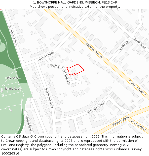 1, BOWTHORPE HALL GARDENS, WISBECH, PE13 2HF: Location map and indicative extent of plot