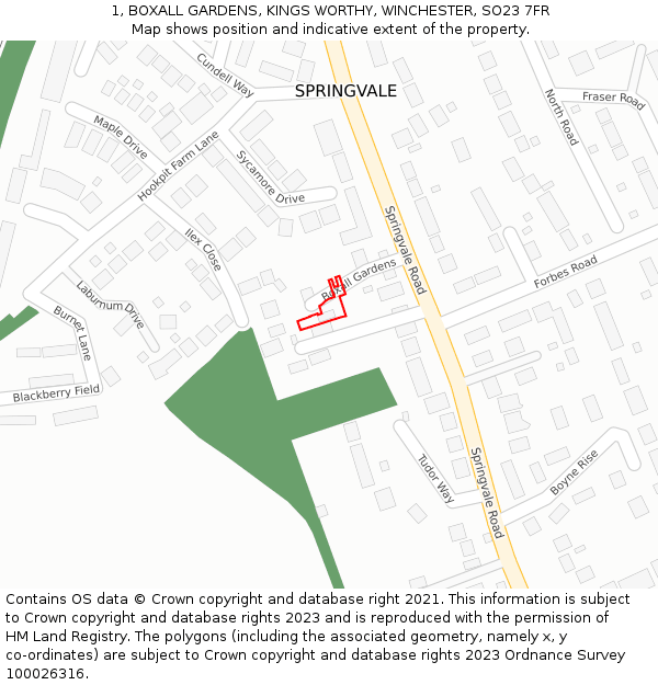 1, BOXALL GARDENS, KINGS WORTHY, WINCHESTER, SO23 7FR: Location map and indicative extent of plot