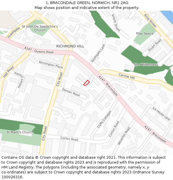 1, BRACONDALE GREEN, NORWICH, NR1 2AG: Location map and indicative extent of plot