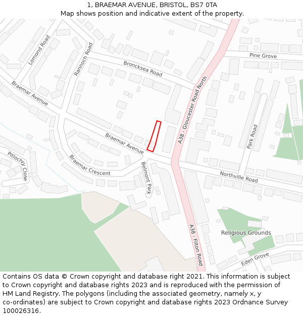 1, BRAEMAR AVENUE, BRISTOL, BS7 0TA: Location map and indicative extent of plot