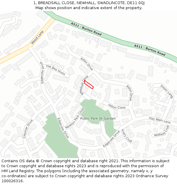 1, BREADSALL CLOSE, NEWHALL, SWADLINCOTE, DE11 0QJ: Location map and indicative extent of plot