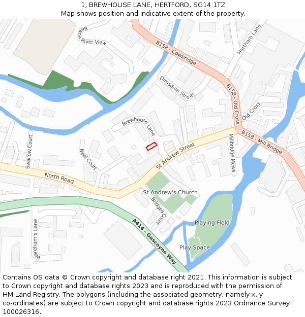 1, BREWHOUSE LANE, HERTFORD, SG14 1TZ: Location map and indicative extent of plot