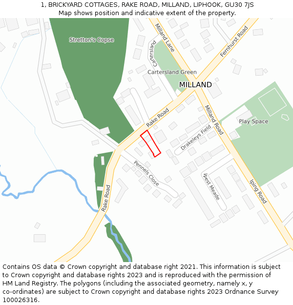 1, BRICKYARD COTTAGES, RAKE ROAD, MILLAND, LIPHOOK, GU30 7JS: Location map and indicative extent of plot