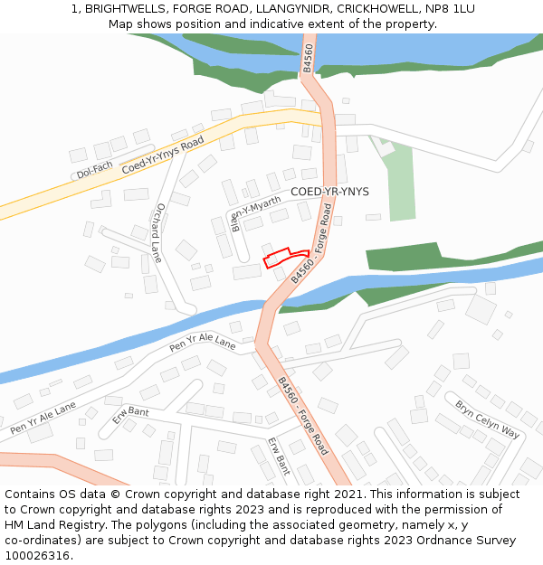 1, BRIGHTWELLS, FORGE ROAD, LLANGYNIDR, CRICKHOWELL, NP8 1LU: Location map and indicative extent of plot